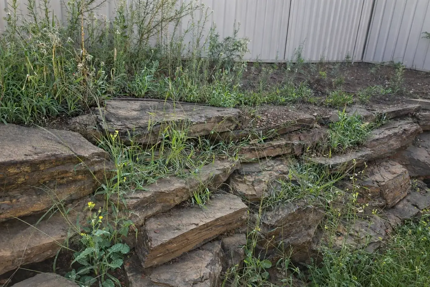 Stacked-stone garden edging and steps overgrown with weeds and grass